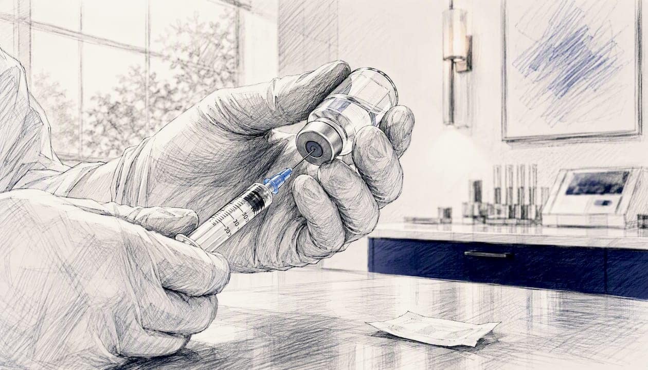 Hands drawing bacteriostatic water from vial