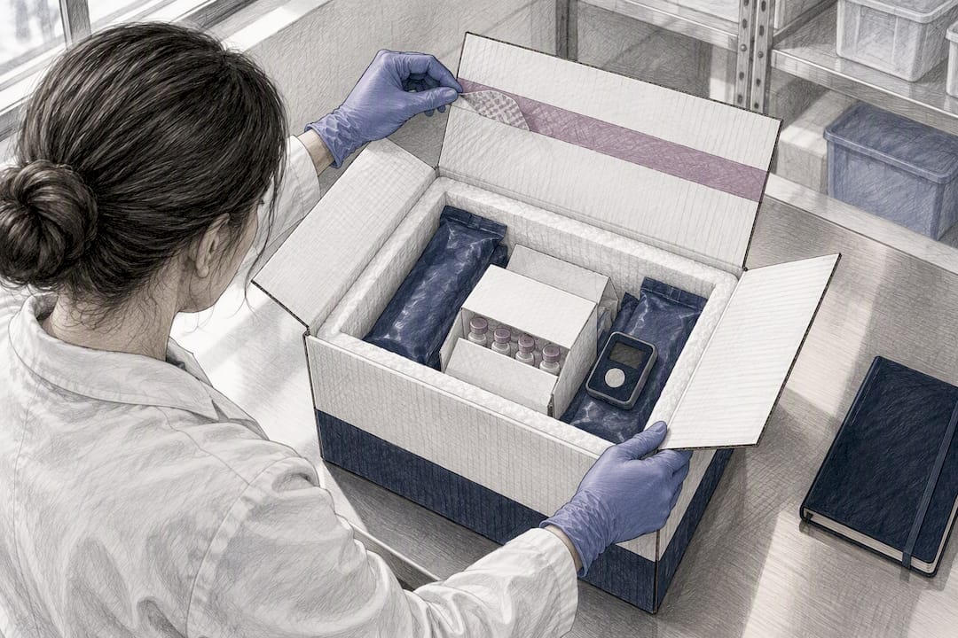 Technician inspecting an arriving peptide shipment