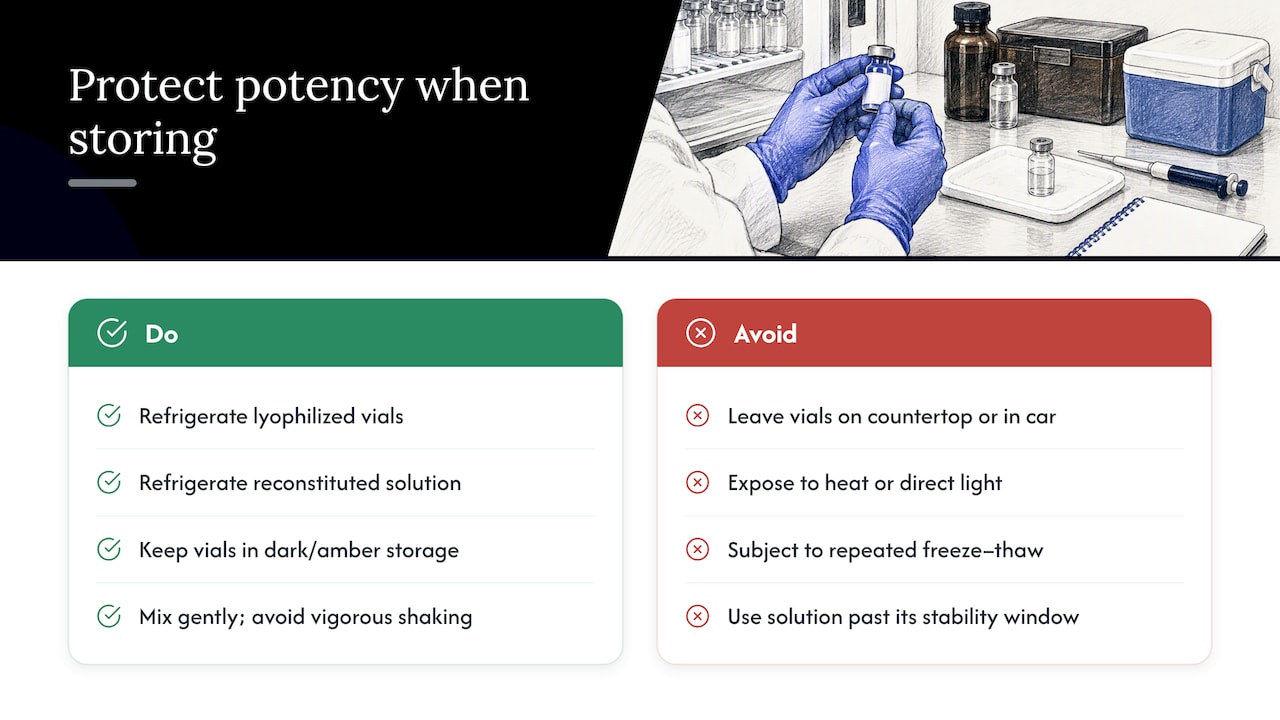 Storage and handling that protect potency and dose accuracy — overview diagram