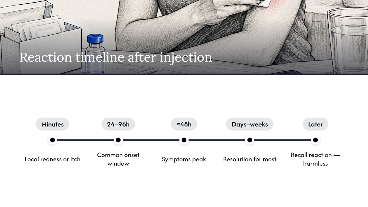 Timeline of peptide injection reaction symptoms