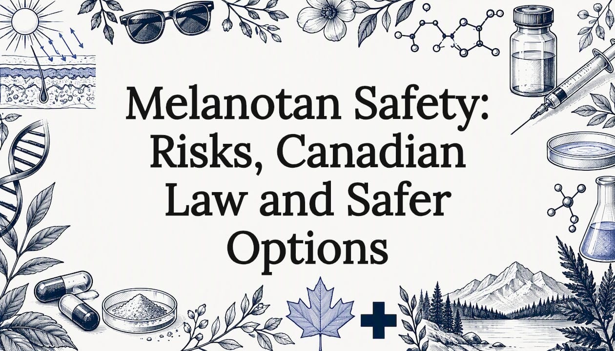 Sketches framing a melanotan safety title