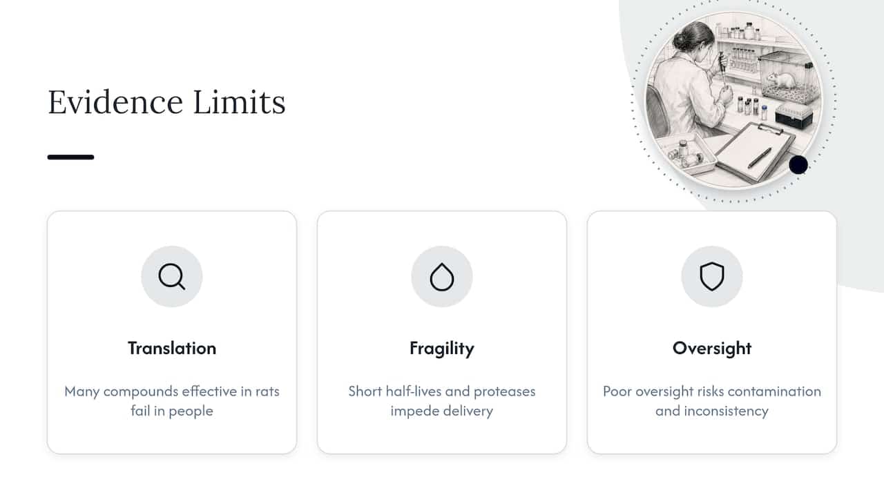 Three limitations in peptide research evidence